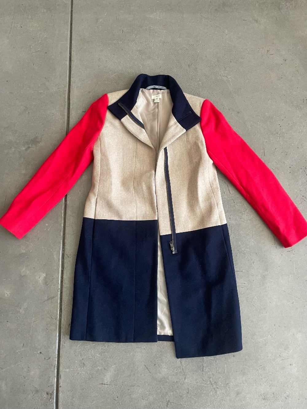 J Crew Full Zip Mid-length Funnelneck Coat, Blue/Beige/Orange Size 00